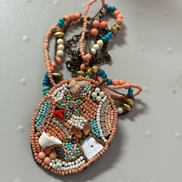 Beaded Multicolor Pendant Necklace Coral Turquoise Gold Colors Shell Accents - Picture 15 of 16